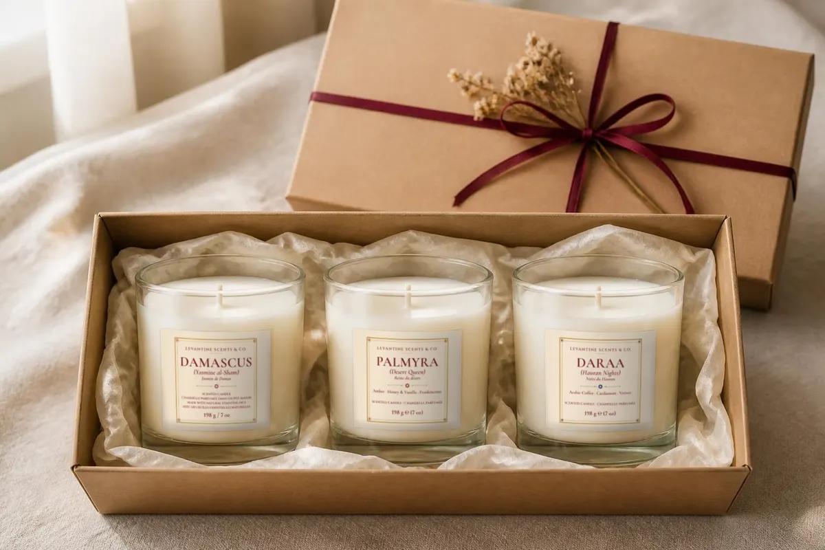 Luxury gift set of three hand-poured Levantine candles in a kraft gift box with burgundy ribbon
